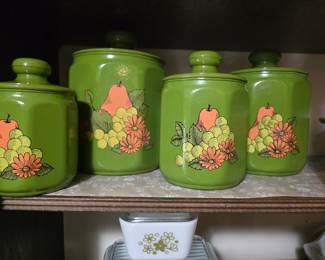 Vintage MCM Kromex Metal Canister Set Fruits and Flowers Set of 4 Green 