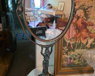 Antique Art Nouveau Figural Vanity Mirror | Bronze Tone Metal Maiden 