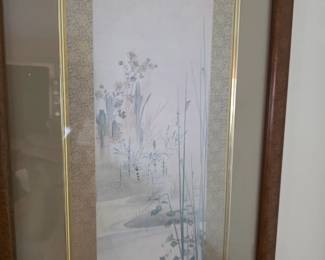 Vintage Asian Oriental Framed Artwork Print Decor Floral Water Scene Chinese Art