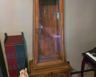 Unique Vintage Hollywood Regency Wood & Glass Narrow Curio Display China Cabinet