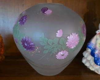 Fenton, hand painted, frosted glass vase featuring hand-painted purple and pink floral designs