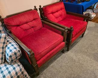Prestige furniture co. Two Victorian vintage red armchairs featuring a tufted red velvet upholstery and a carved wood frame. Excellent condition!!