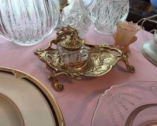 Ornate Vintage Solid Brass Ink Well Holder With Glass Well and Brass Lid