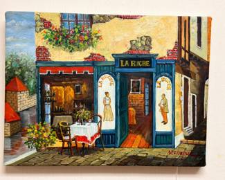 Oil Painting French Cafe La Ruche Paris Street Scene Flowers Signed Canvas Art