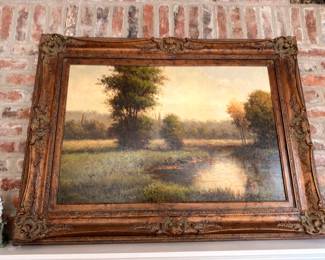 Original Oil Painting Landscape River Sunset Ornate Gilt Carved Frame