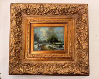Oil Painting Winter Landscape Trees Figures Ornate Carved Gilt Frame