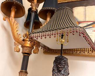 Bronze Candelabra Lamp Black Shades Figural Lion Base Beaded Trim Antique Lighting