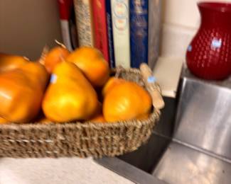 Decorative Fruit Oranges Basket Red Glass Vase Books Kitchen Counter Display Lot