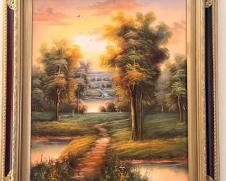Oil Painting Sunset Landscape River Trees Path Ornate Carved Gilt Frame Art