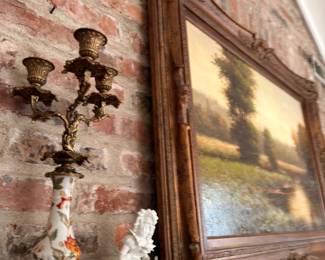 Brass Candelabra Oil Painting Gilt Frame Porcelain Figurines Mantel Display
