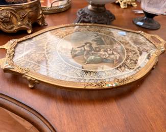 Ornate Brass Vanity Tray Classical Painted Scene Decorative Handles Antique