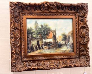 Oil Painting European Village Church Steeple Ornate Carved Wood Frame