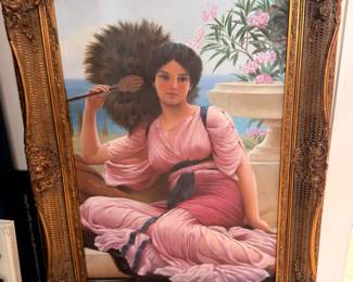 Large Oil Painting Portrait Elegant Woman Pink Dress Heavy Ornate Gilt Frame Art