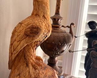 Carved Wood Eagle Sculpture Bronze Urn Vase Antique Table Lamp Decorative Art