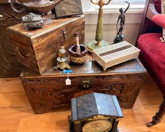 Carved Wood Chest Trunk Bronze Figure Statue Brass Candlestick Antique Book