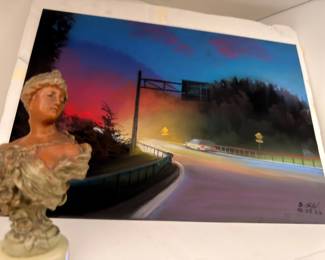 Oil Painting Sunset Landscape Canvas Bronze Bust Sculpture Unframed Art