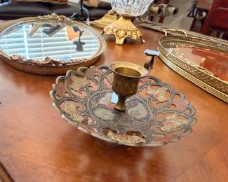 Ornate Silver Plate Tray Brass Goblet Vanity Mirror Decorative Fan Display
