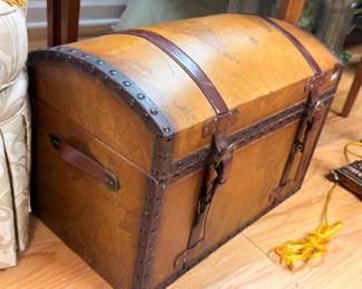 Antique Dome Top Steamer Trunk Leather Straps Metal Hardware Vintage Storage Chest