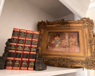 Red Leather Bound Books Figural Bookends Gilt Frame Oil Painting Children Scene