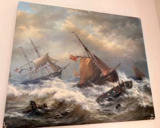 Oil Painting Maritime Seascape Ships Stormy Seas Dramatic Sailing Vessels