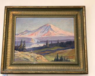 Oil Painting Mountain Landscape Pine Trees Figure Path Gilt Frame Plein Air Art