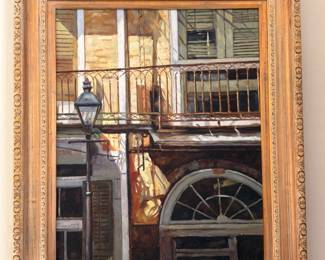 Oil Painting European Street Architecture Arched Window Lamp Post Gilt Frame