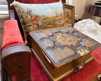 Antique Leather-Bound Bible Brass Clasps Red Velvet Needlepoint Pillow