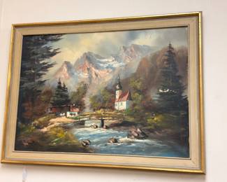 Oil Painting Alpine Village Church River Mountains Pine Trees Gilt Frame European Art