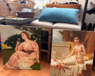 Oil Paintings Classical Figures Portraits Canvas Blue Velvet Pillow Baskets Art Lot