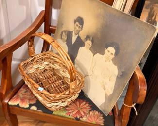 Wood Arm Chair Vintage Family Photograph Wicker Basket Floral Cushion Antique Seat