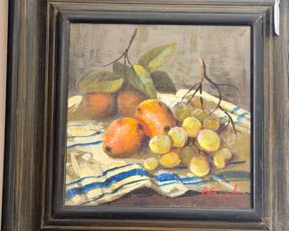 Oil Painting Still Life Pears Grapes Fruit Dark Wood Frame Small Canvas Art