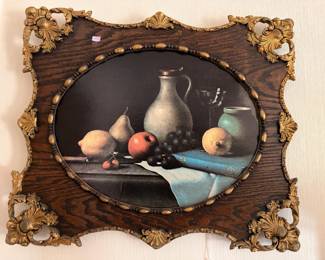 Oval Oil Painting Still Life Fruit Vases Dark Background Ornate Carved Wood Frame