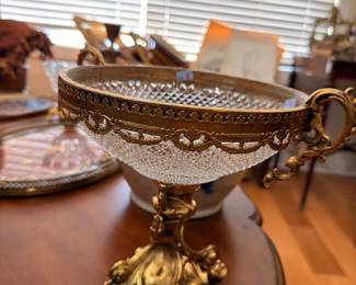 Ornate Brass Ormolu Crystal Compote Centerpiece Bowl Pedestal Base