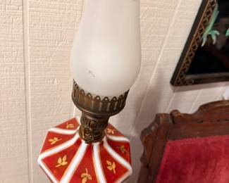 Antique Parlor Oil Lamp Frosted Glass Globe Red White Patterned Base Brass