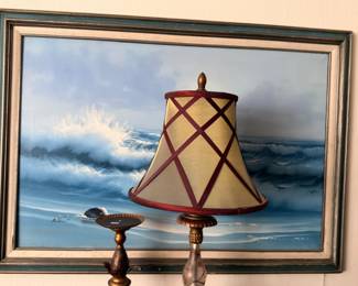 Oil Painting Seascape Ocean Waves Ornate Frame Table Lamp Brass Candlesticks Art