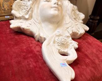 White Bisque Porcelain Cherub Angel Bust Figurine Red Velvet Victorian