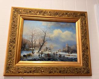 Oil Painting Winter Ice Skating Scene Figures Castle Church Gilt Frame