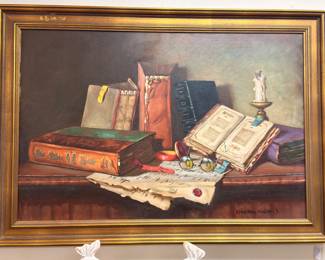 Oil Painting Still Life Old Books Candle Wax Seal Figurine Gilt Frame Signed Art