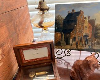 Wood Card Box Brass Oil Lamp Oil Painting European Scene Terra Cotta Figurine