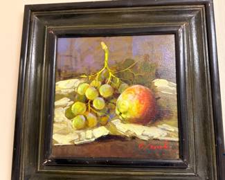 Oil Painting Still Life Grapes Peach Fruit Signed Dark Wood Frame Small Canvas Art