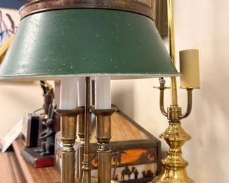 Brass Bouillotte Lamp Green Tole Shade Candlestick Antique Desk Table Lighting