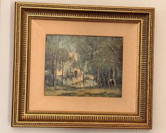 Oil Painting European Landscape Castle Trees Matted Gilt Frame Antique Art