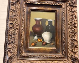 Oil Painting Still Life Vases Fruit Ornate Carved Gilt Wood Frame