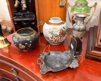 Cloisonne Vase Painted Porcelain Green Gold Urn Silver Serving Tray Collection