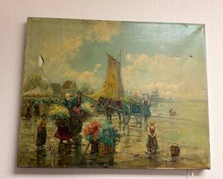 Oil Painting Dutch Scene Windmill Horse Cart Flower Market Figures Unframed Art