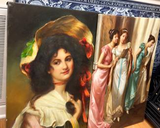 Oil Painting Portrait Woman Hat Classical Figures Globe Map Ornate Frame Art