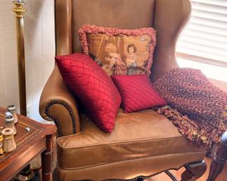 Leather Wingback Chair Decorative Pillows Brass Floor Lamp Side Table