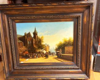 Oil Painting European Town Square Market Scene Church Castle Ornate Frame Antique Art