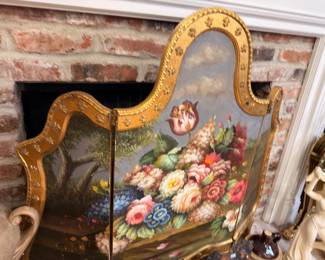 Ornate Gilt Fireplace Screen Hand-Painted Floral Design Brick Hearth