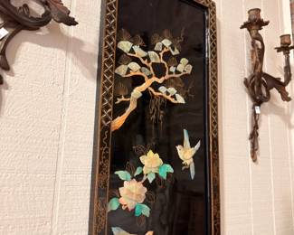 Ornate Tole Metal Floral Wall Art Candle Sconces Bird Accent Framed Panel
